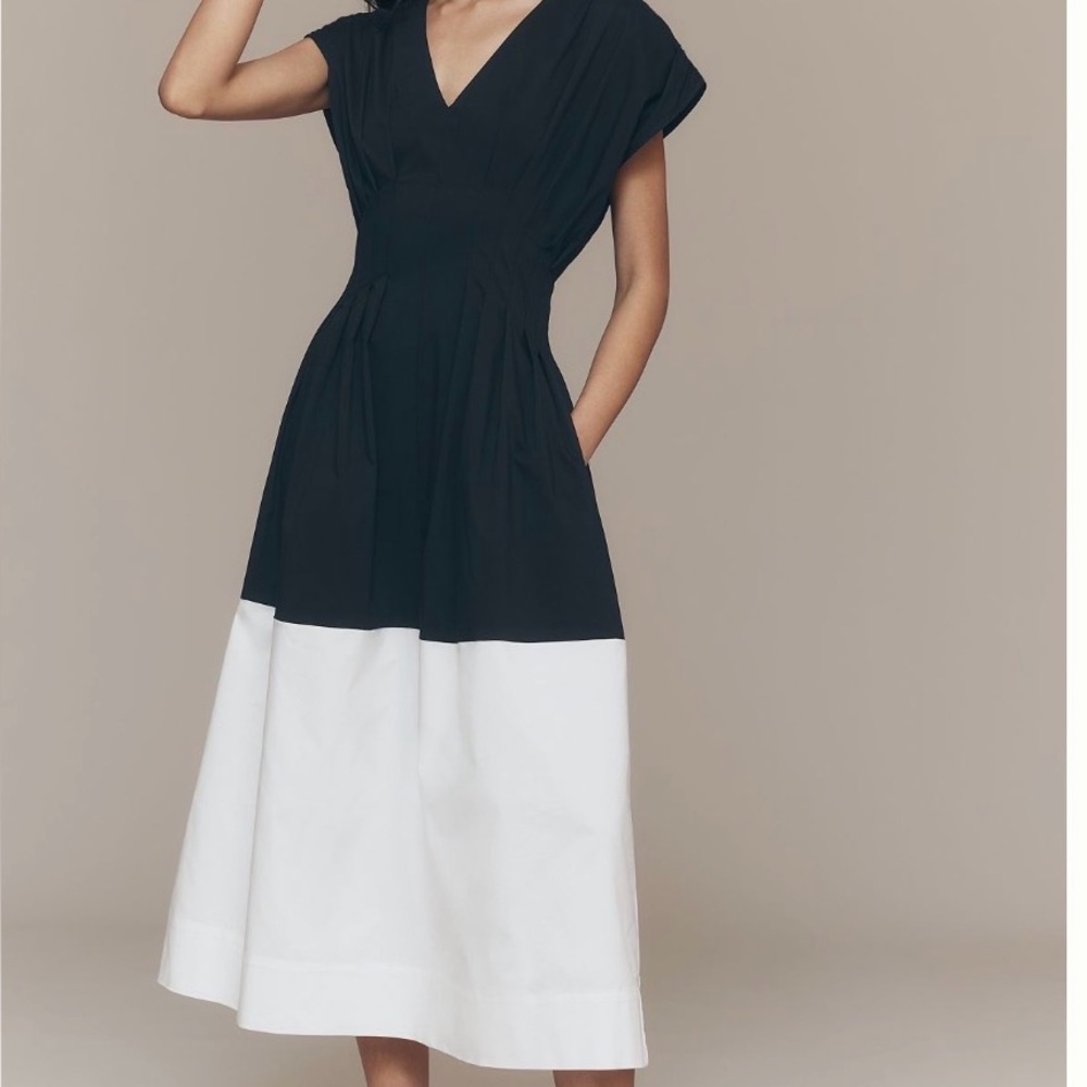 Two-Tone Black & White V-Neck Midi Dress